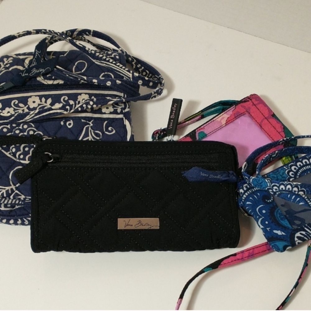 Vera Bradley Bundle, Crossbody, Black Quilted Wristlet, 2 Lanyards, Blue / Pink